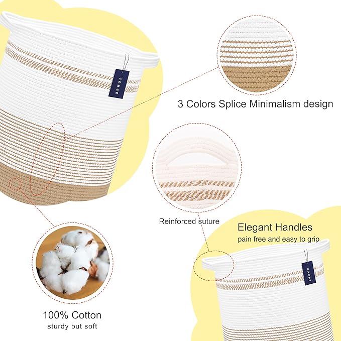 COMSE Extra Large Blanket Basket, Tall Laundry Basket, Nursery Hamper, 15.7”x 21.7”, Cotton Rope Woven Laundry Hamper for Storage Toys Clothes Towels, Brown & White