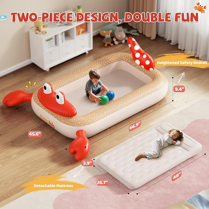 CoziBB Inflatable Toddler Travel Bed, Portable Travel Bed with Flocked Mattress, Built-in Pillow & Carry Bag, 4 Side Safety Bumpers for Toddlers-Hermit Crab