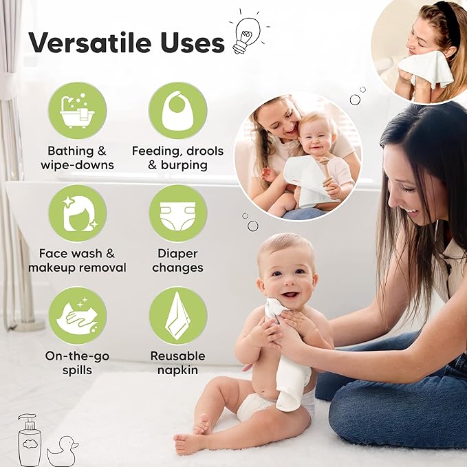 6-Pack Soft Baby Washcloths, Viscose from Bamboo - Kids, Newborn Bath Towels, Infant Shower, Toddler Reusable Face Towel, Gentle on Skin, Face Wash Cloths for Babies, 10x10 (White)