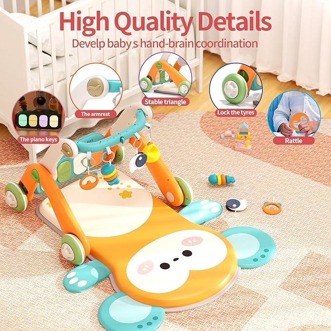 2 in 1 Baby Gym with Walker,Baby Play Mat with 5 Infant Learning Sensory,Double-Sided Multifunctional Removable Play Piano Panel,Sit-to-Stand Learning Walker for 0-24 Months Boy Girl [Orange]