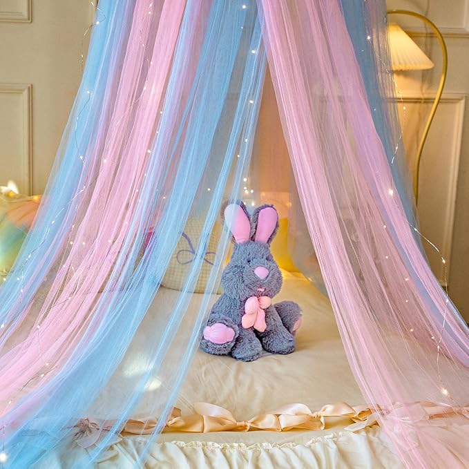 Princess Pink Blue Bed Canopy with Warm Fairy Lights for Girls Bed Net,Princess Canopy for Kids Bed Room Decor (Pink Blue+Lights)