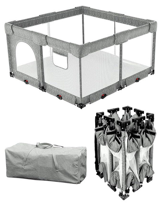 Foldable Baby Playpen with Non-Removable Thick Mat, Extra Large Collapsible Play Yard for Babies & Toddlers, Portable Travel Playpen with Gate, Safe Activity Center (51"×51" Grey)