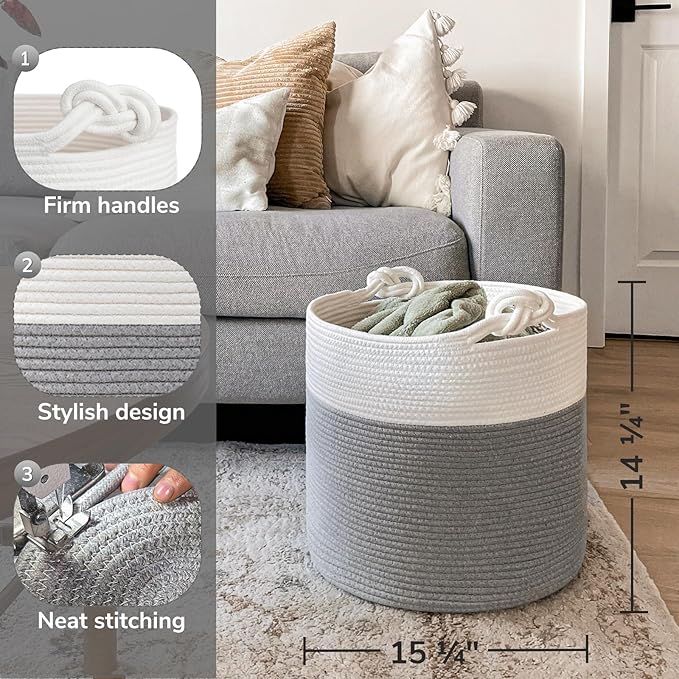 Goodpick Cotton Rope Storage Basket, 15 x 14.2 Inches Baby Laundry Baskets for Clothes, Toy Storage Blanket Basket With Handles for Living Room, Small Woven Baskets for Organizing Home Décor, Grey