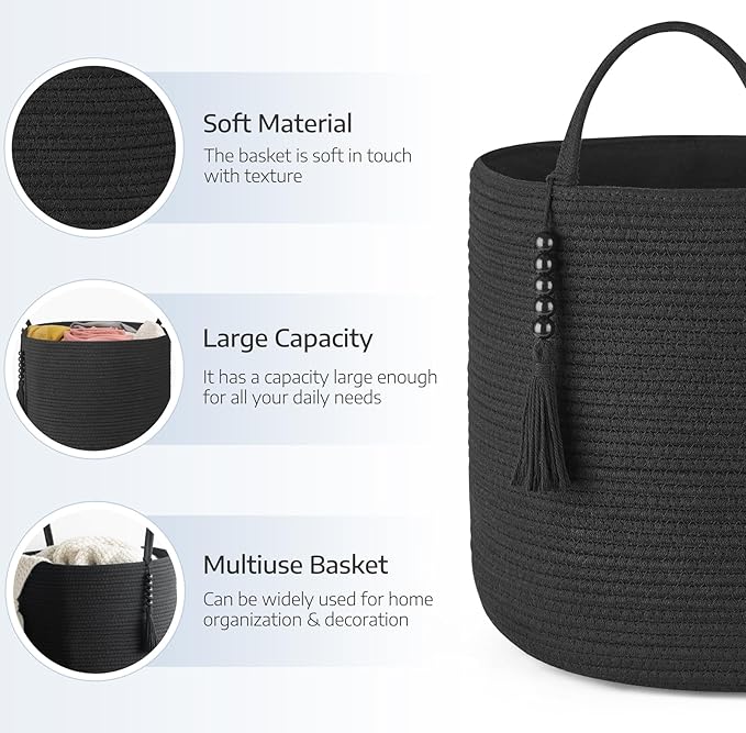 Mkono Woven Storage Basket Decorative Natural Rope Basket Wooden Bead Decoration for Blankets,Toys,Clothes,Shoes,Plant Organizer Bin with Handles Living Room Home Decor, 16"W×13.8"L, Black