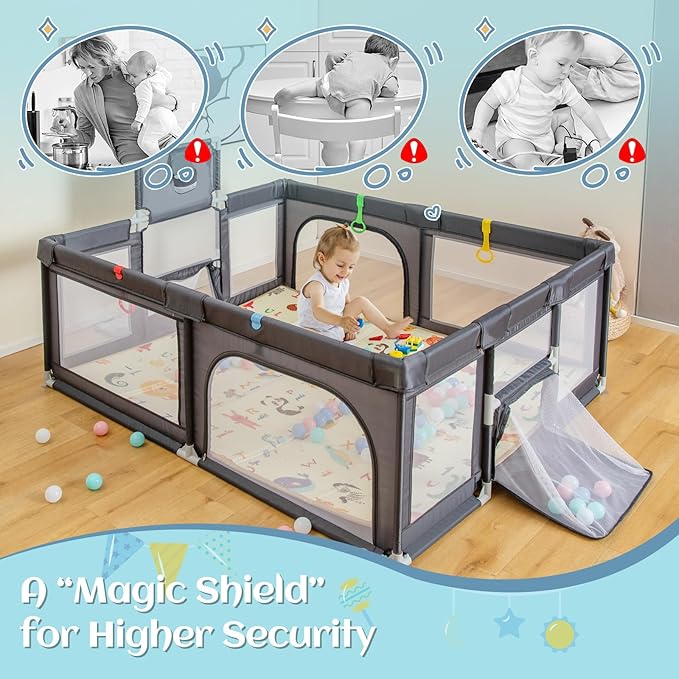 INFANS Baby Playpen, 74” x 62” Extra Large Baby Play Yard with Crawling Mat, 50 Ocean Balls, 4 Pill Up Rings, Basketball Hoop and 2 Football Gates for Toddlers, Indoor Activity Center (Dark Gray)