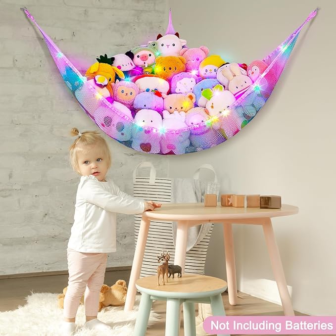 Unicorn Castle Stuffed Animals Net or Hammock Kids Toy Storage Organizer with LED Light Hanging Corner Stuffed Animals Holder Kids Girls Room Decor,Pink-Blue-Purple,Large-Pack of 1