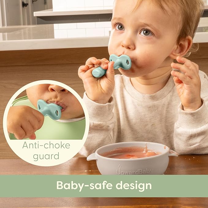 UpwardBaby Silicone Baby Spoons - 3-Pack, Mint/Beige/Grey - Self Feeding 6-12 Months with Anti-Choke Barrier & Textured Grippy Tips - Baby LED Weaning Utensils & Infant Feeding Spoons