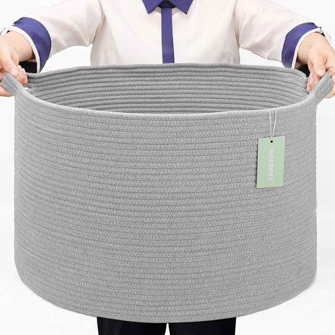 Extra Large Blanket Basket 87L, Laundry Hamper, Baby Nursery Hamper for Storage Toys Clothes Towels, Large Cotton Rope Laundry Basket for Girls Boys, 22”x 14”, Light Gray