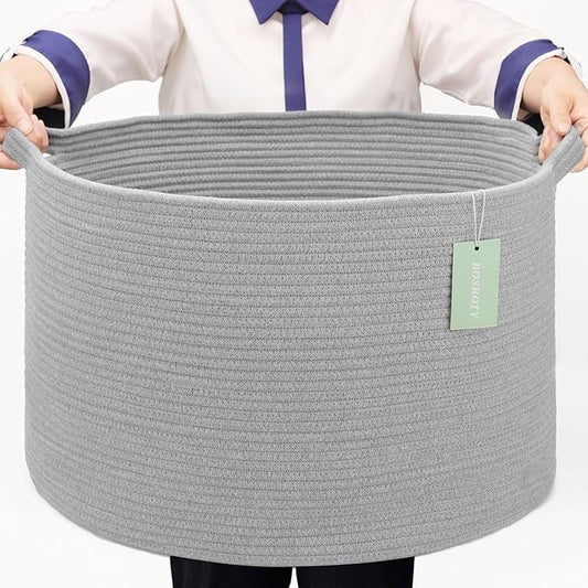 Extra Large Blanket Basket 87L, Laundry Hamper, Baby Nursery Hamper for Storage Toys Clothes Towels, Large Cotton Rope Laundry Basket for Girls Boys, 22”x 14”, Light Gray