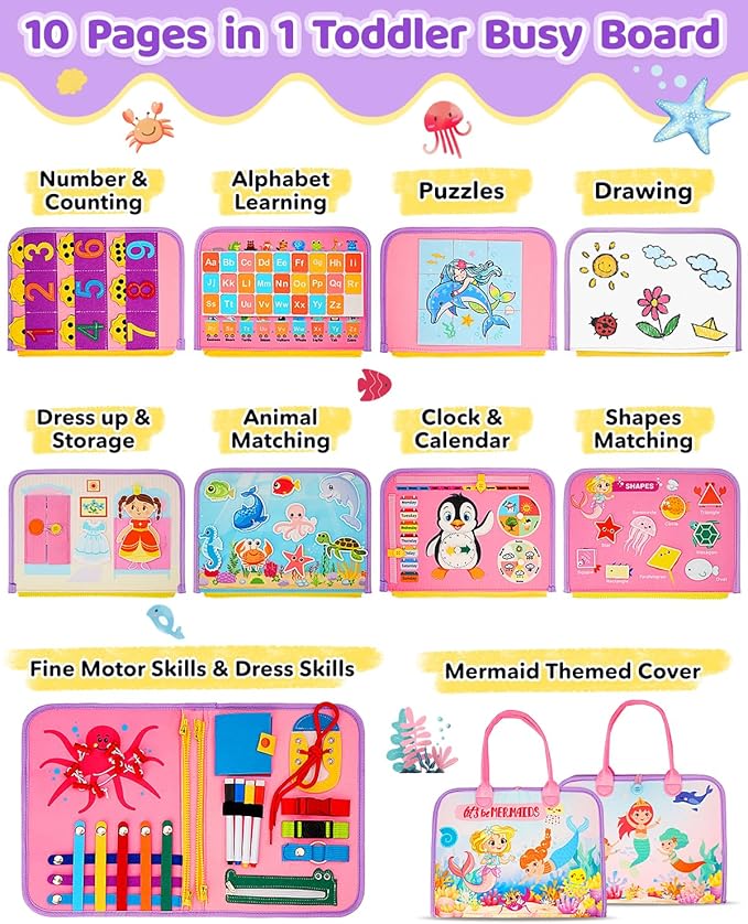 Toddler Busy Board, Montessori Toys for 1 2 3 Year Old Girl Birthday Gifts - Educational Busy Book, Kids Sensory Toy, Preschool Learning Activities and Travel Toys for Toddlers 1-3 2-4