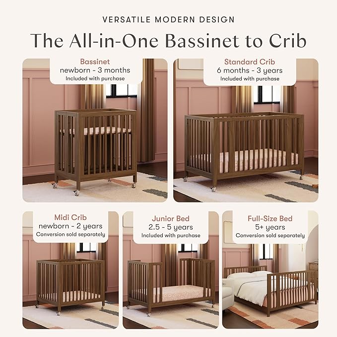 babyletto Rolli 9-in-1 Convertible Baby Crib w/Wheels - Includes Conversion Kits for Bassinet, Standard Crib, Toddler Bed, Daybed & Junior Bed - GREENGUARD Gold - 3 Adjustable Heights, Natural Walnut