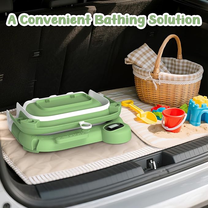 Collapsible Baby Bathtub for Newborn,Baby Tub with Soft Floating Cushion & Thermometer for Infant to Toddler, Portable Travel Bathtub with No-Slip Feet for 0-36 Months-Green