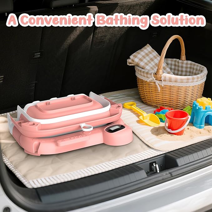 Collapsible Baby Bathtub for Newborn,Baby Tub with Soft Floating Cushion & Thermometer for Infant to Toddler,Portable Travel Bathtub with No-Slip Feet for 0-36 Months-Pink
