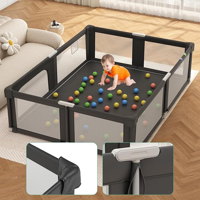 Foldable Playpen for Babies and Toddlers with Mat, 73" x 61" Playard for Indoor & Outdoor, Baby Play Pen with Soft Breathable Mesh, Pull-Link and Ocean Balls, Black