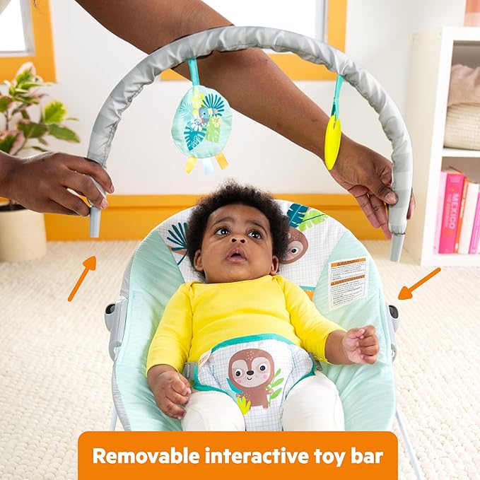 Bright Starts Wild Wonders Vibrating Baby Bouncer, Removable Toy Bar with 2 Toys, Nonslip Feet, 0-6 Months Up to 20 lbs
