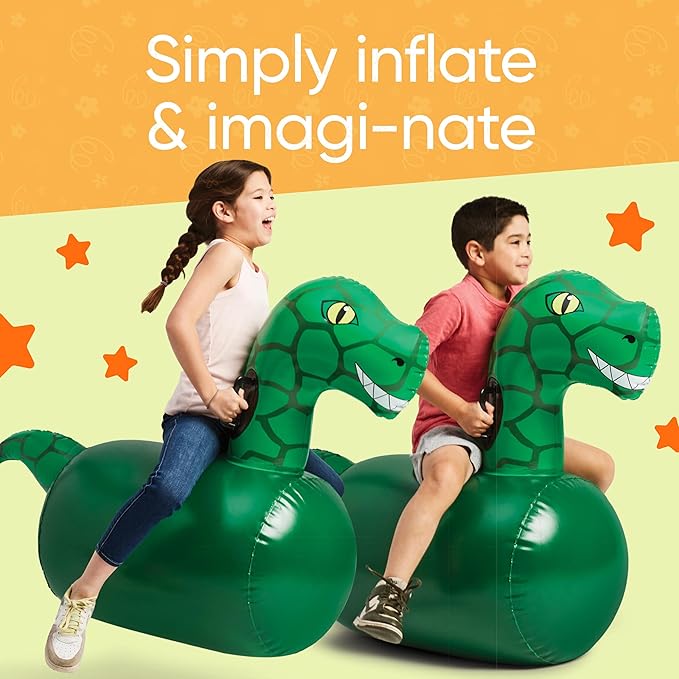 Hearthsong Hop N Go Inflatable Dino Riding Bouncy Hopping Toys for Kids Ages 5+ - Ride On Bouncer Animal Hopper Jumping Toys for Outdoor Games