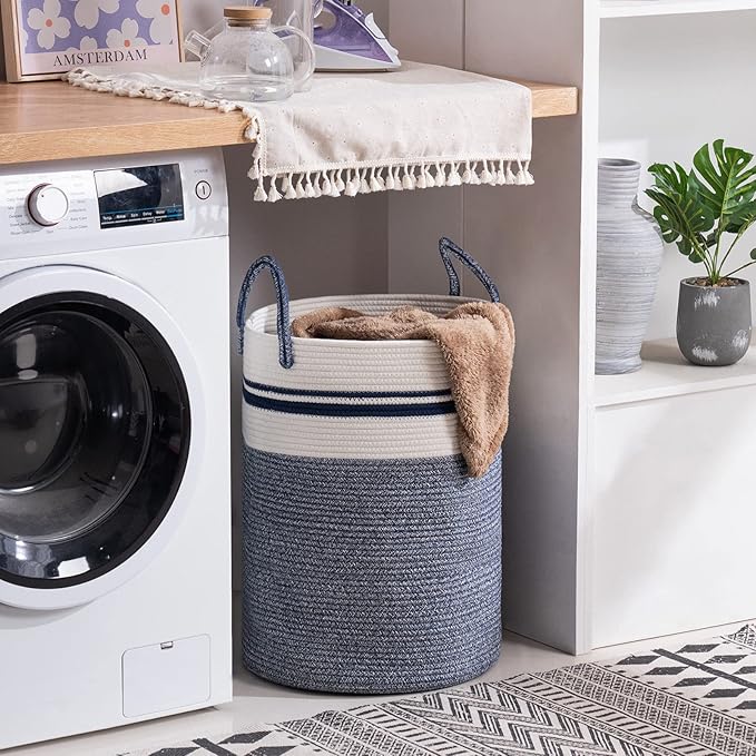 YOUDENOVA Woven Rope Laundry Hamper Basket, 72L Tall Laundry Basket, Baby Nursery Hamper for Blanket Storage in Bedroom-Large-Blue