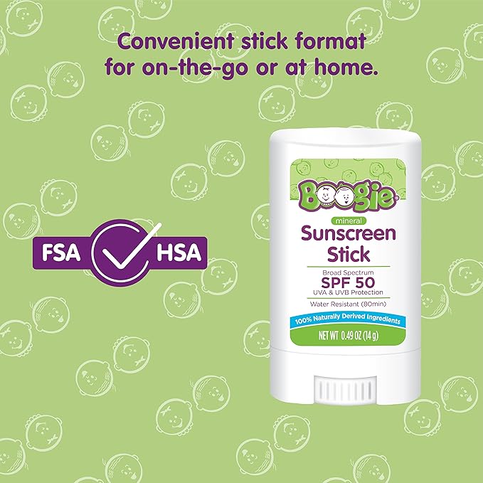 Baby Sunscreen Stick by Boogie Block, Mineral Sunscreen SPF 50, Travel Size Sunblock for Kids, Zinc Oxide, Water Resistant, Vegan, Fragrance Free Pack of 3