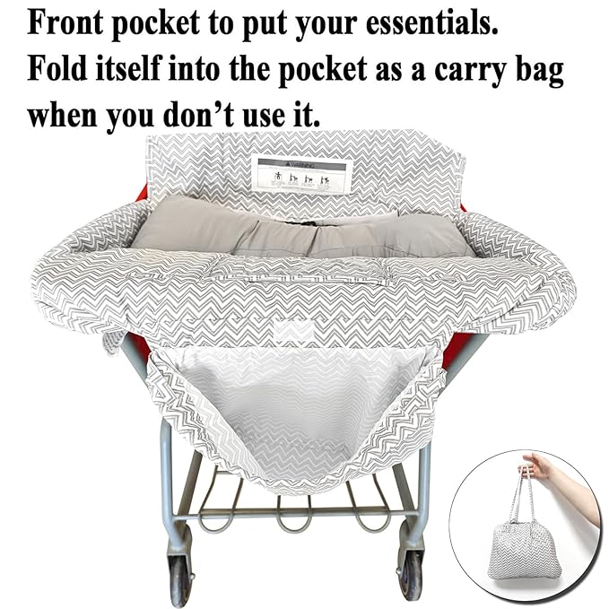 Soft Pillow Attached 2-in-1 Shopping Cart and High Chair Cover for Baby, Cotton Padded Cart Cover, Fold'n Roll Style, Portable with Carry Bag (Gray Chevron)