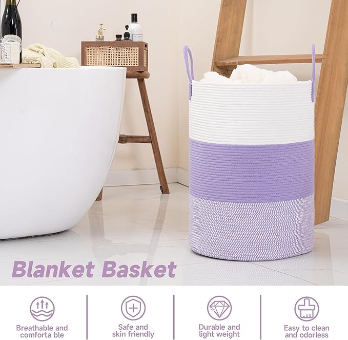 CLHMILY&Z 100L Laundry Basket Round Storage Rope Basket - 18.1x24 Inches - Lavender Hamper in Bedreoom and Cute Storage Bin for Blankets, Toys, and Nursery Essentials