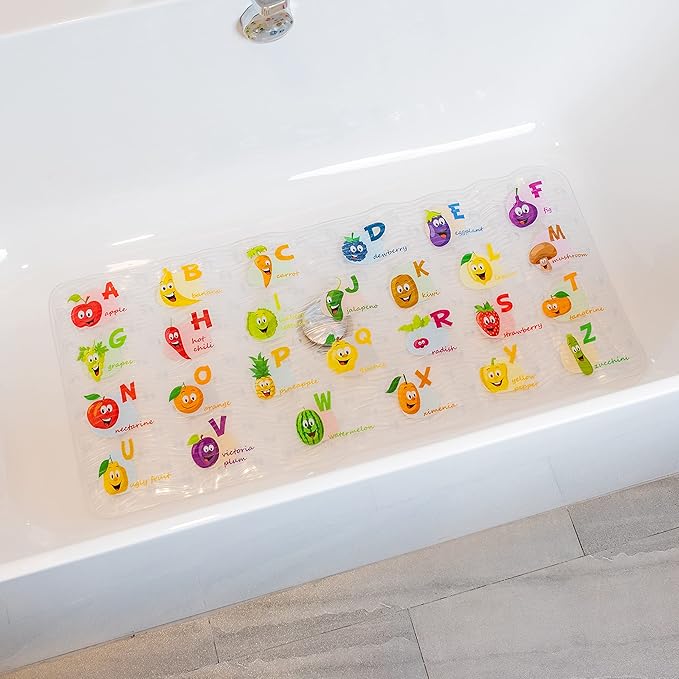 Polyvinyl Chloride (PVC) Bath Mat, Alphabet, Square, XL Size, 35x16 inch, Textured Pattern, Suction Cups - Bath Mats for Tub Kids