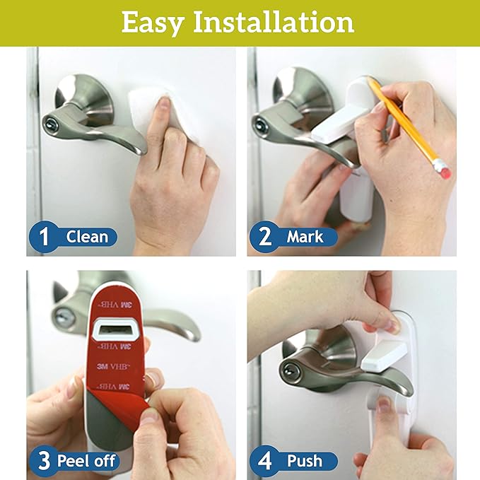 Door Lever Lock (6 Pack) Prevents Toddlers from Opening Doors. 3.25" L * 1.5" W * 4.5" H Easy One Hand Operation for Adults. Durable ABS with 3M Adhesive Backing. Simple Install, No Tools Needed.