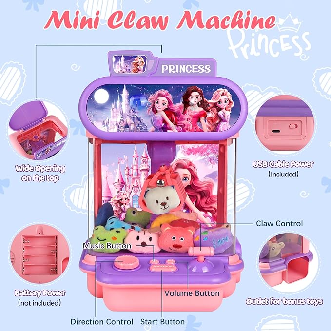 Claw Machine for Kids,Mini Vending Machines Girls Princess Toys,Candy Grabber Prize Dispenser Girl Toys, Electronic Arcade Game with 20 Mini Plush Toy for Party Easter Birthday Gifts (Princess-B)