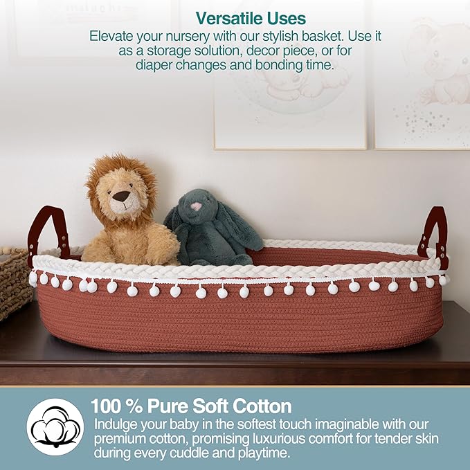 Baby Changing Basket - Portable Changing Pad for Dresser - Foldable Moses Basket for Babies - Includes Thick Pad, Felt Letter Board, Waterproof Pad Covers, Fleece Blanket, Cotton Carry Bag