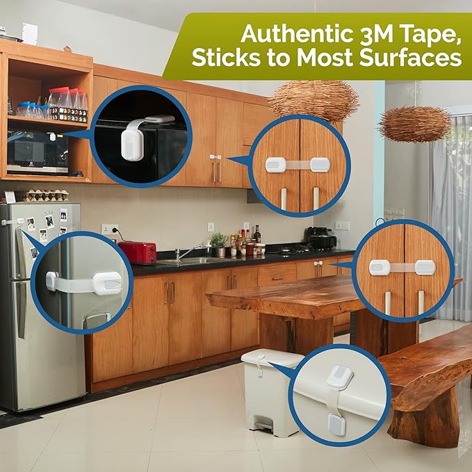 Child Safety Strap Locks (6-Pack) Baby Locks for Cabinets and Drawers, Toilet, Fridge & More. 3M Adhesive Pads. Easy Installation (White/Gray)