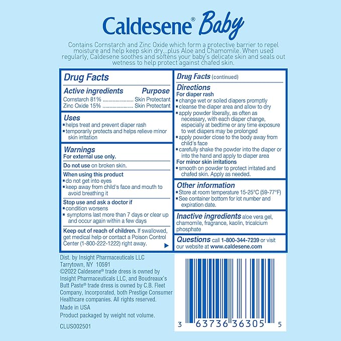 Caldesene Dry & Comfy Baby Powder with Zinc Oxide & Cornstarch, Free from Talc & Preservatives, 5 Oz.