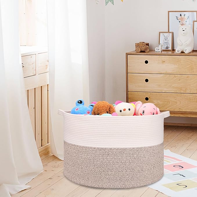 Extra Large Blanket Basket 87L, Laundry Hamper, Baby Nursery Hamper for Storage Toys Clothes Towels, Large Cotton Rope Laundry Basket for Girls Boys, 22”x 14”, White & Brown