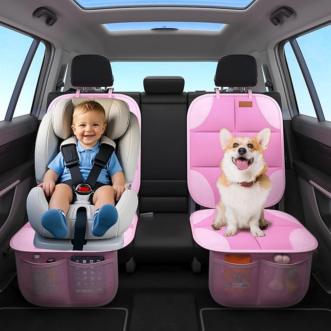 SMART ELF Car Seat Protector, 2Pack Seat Protector Protect Child Seats with Thickest Padding and Non-Slip Backing Mesh Pockets for Baby and Pet,Sedan SUV Truck (Pink)