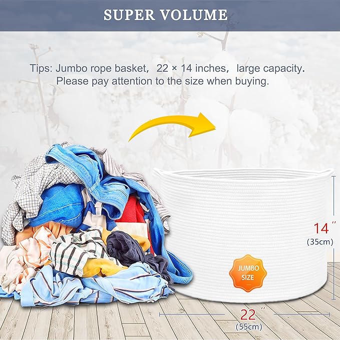 Extra Large Blanket Basket 87L, Laundry Hamper, Baby Nursery Hamper for Storage Toys Clothes Towels, Large Cotton Rope Laundry Basket for Girls Boys, 22”x 14”, White