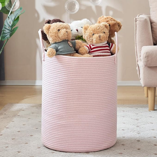 YOUDENOVA Woven Rope Laundry Hamper, 58L Tall Luandry Basket, Baby Nursery Hamper for Blanket Storage in Bedroom-Large-Pink
