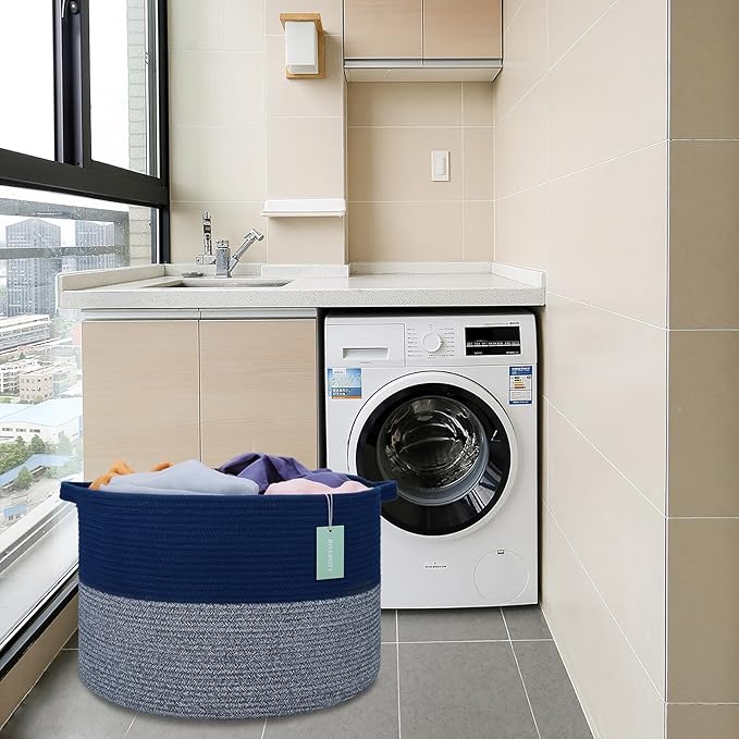 Extra Large Blanket Basket 87L, Laundry Hamper, Baby Nursery Hamper for Storage Toys Clothes Towels, Large Cotton Rope Laundry Basket for Girls Boys, 22”x 14”, Navy Blue