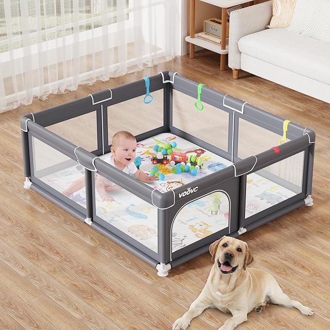 Premium Baby Playpen with Mat, 71x60 Inches Extra Large Play Pen for Babies and Toddlers, Indoor & Outdoor Activity Center, Safety Baby Playpen with Gate Prints (Enamel Gray)