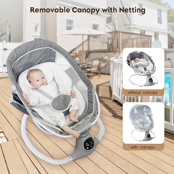 Electric Baby Swing for Infants to Toddler, Portable Swing Baby Rocker with 5 Point Harness, 5 Sway Speed, Bluetooth,12 Preset Lullabies with Remote Control, Infant Swing for Baby Boys & Girls, Grey