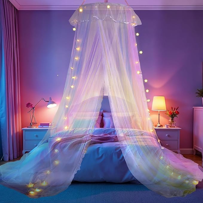 Rainbow Bed Canopy with Lights for Girls | Double Layer Mesh Netting Princess's Birthday Gift Ruffle Lace Decor for Room Bed Canopy Netting Mosquito Net | Home Decor for Twin/Full/Queen/King