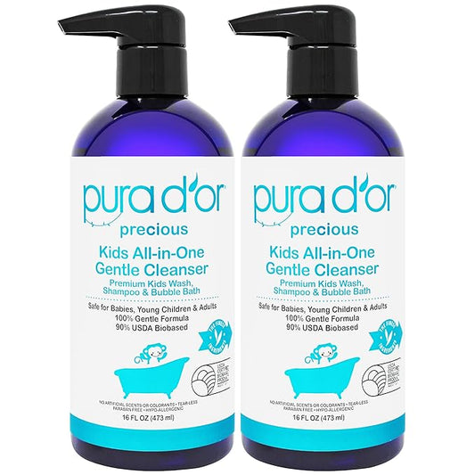PURA D'OR Kids Wash (16oz x 2 = 32oz) All-in-One Gentle Cleanser - USDA Biobased, Sulfate-Free, Tear-Less, Hypoallergenic, Premium, Shampoo & Bubble Bath