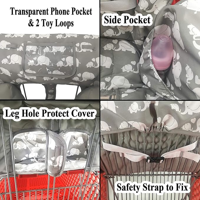 Soft Pillow Attached 2-in-1 Shopping Cart and High Chair Cover for Baby, Cotton Padded Cart Cover, Fold'n Roll Style, Portable with Carry Bag (Gray Elephant)