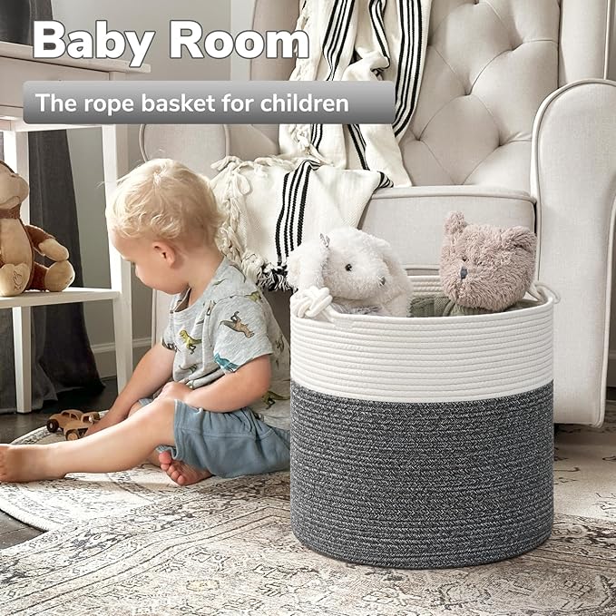Goodpick Baby Storage Basket, Cotton Rope Laundry Basket for Blankets, Clothes 15 x 14.2 Inches, Nursery Woven Storage Organizing for Toys, Grey
