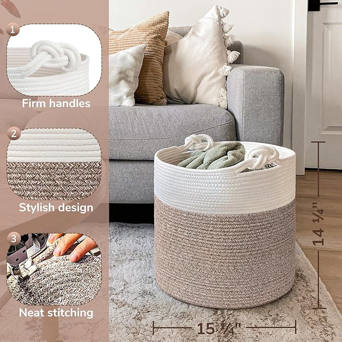 Goodpick Woven Laundry Basket, 15 x 14.2 Inches Cotton Rope Basket for Blankets, Soft Blanket Storage Baskets with Handles for Living Room, Woven Toy Storage Organizer for Nursery, Brown