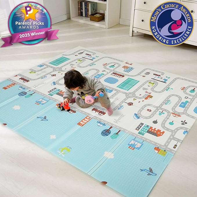 Bammax Extra Large Waterproof Foam Padded Baby Play Mat | Reversible & Foldable | 1 cm Thick Safe Baby Foam Play Mat | 70" x 78" | Cars & Fire Engine