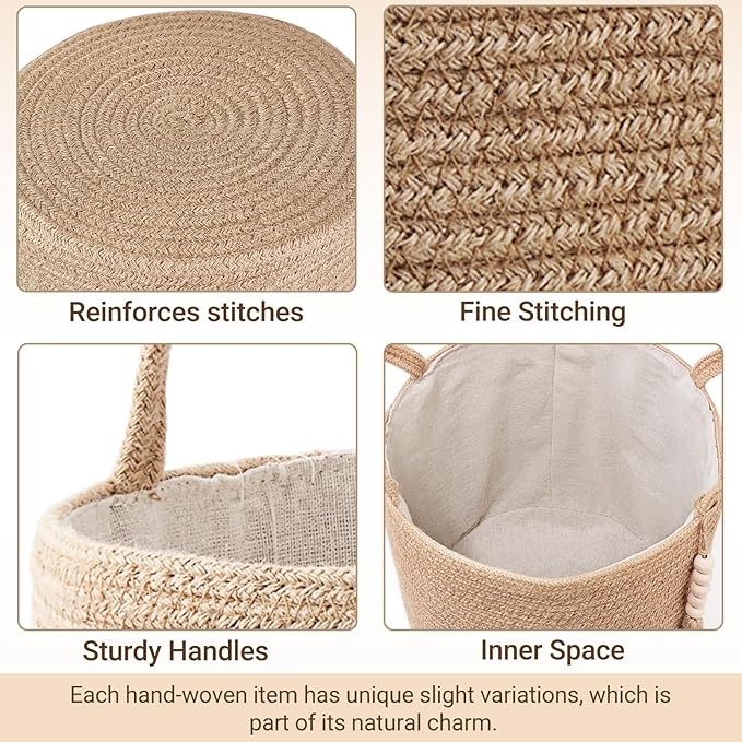 Mkono Woven Storage Basket Decorative Natural Rope Basket Wooden Bead Decoration for Blankets,Toys,Clothes,Shoes,Plant Organizer Bin with Handles Living Room Home Decor (Brown, 28 x 28cm)