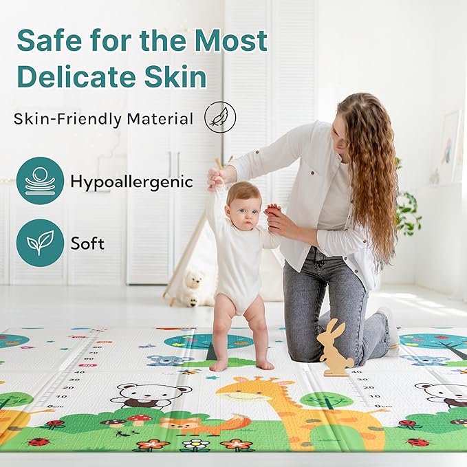 Foldable Baby Play Mat, Extra Large, Non-Toxic, Waterproof Activity Playmats for Babies, Education for Infant, Non-Slip Double Sided (79”x71” 0,4in Olive) boy and Girl