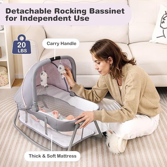 BABY JOY 5 in 1 Pack and Play, Portable Baby Playard w/Bassinet & Diaper Changing Table, Infant Pink Bassinet Crib with Toys & Music & Oxford Bag for Baby Girl Toddlers (Pink + Purple, Classic)