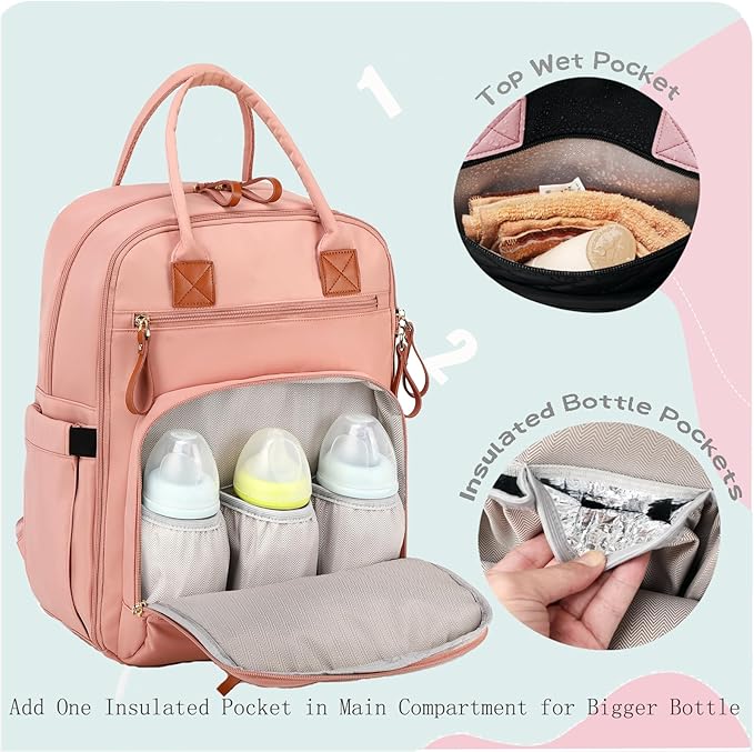 18 Pockets Diaper Bag Backpack with Waterproof Pockets and Stroller Buckle, Convertible Tote Bag (Pink, Large)