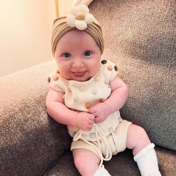 CÉLLOT 3 Pcs Baby Flower Headbands Baby Girls Nylon Headbands Soft Stretchy Headwear Hair Accessories for Newborn Infant Toddler Kids (Beige Ginger Khaki)