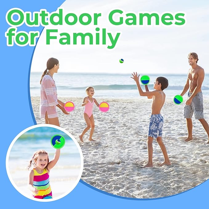 Beach Toys - Outdoor Games for Kids, Toss and Catch Ball Set with 4 Paddles 3 Balls, Toys for 3 4 5 6 7 8+ Year Old Boys Girls Christmas Birthday Gifts (Pink and Green)