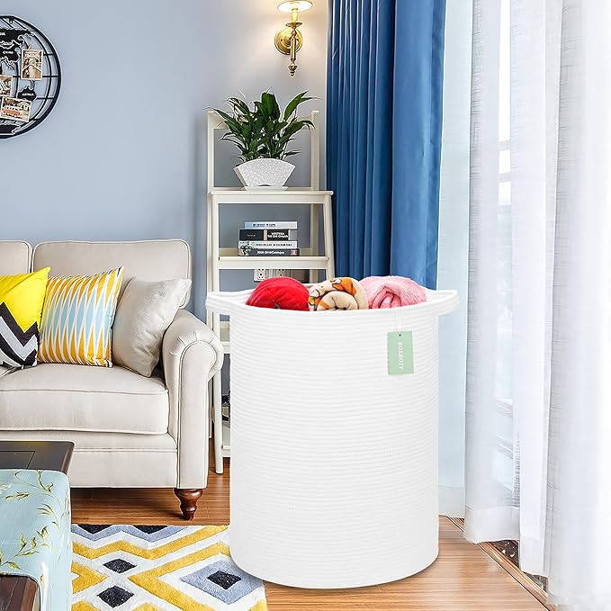 Large Laundry Hamper for Girls Boys Kids 72L, Nursery Hamper, Tall Laundry Basket, Cotton Rope Woven Blanket Basket for Storage Toys Clothes Towels, 16”x 22”, White